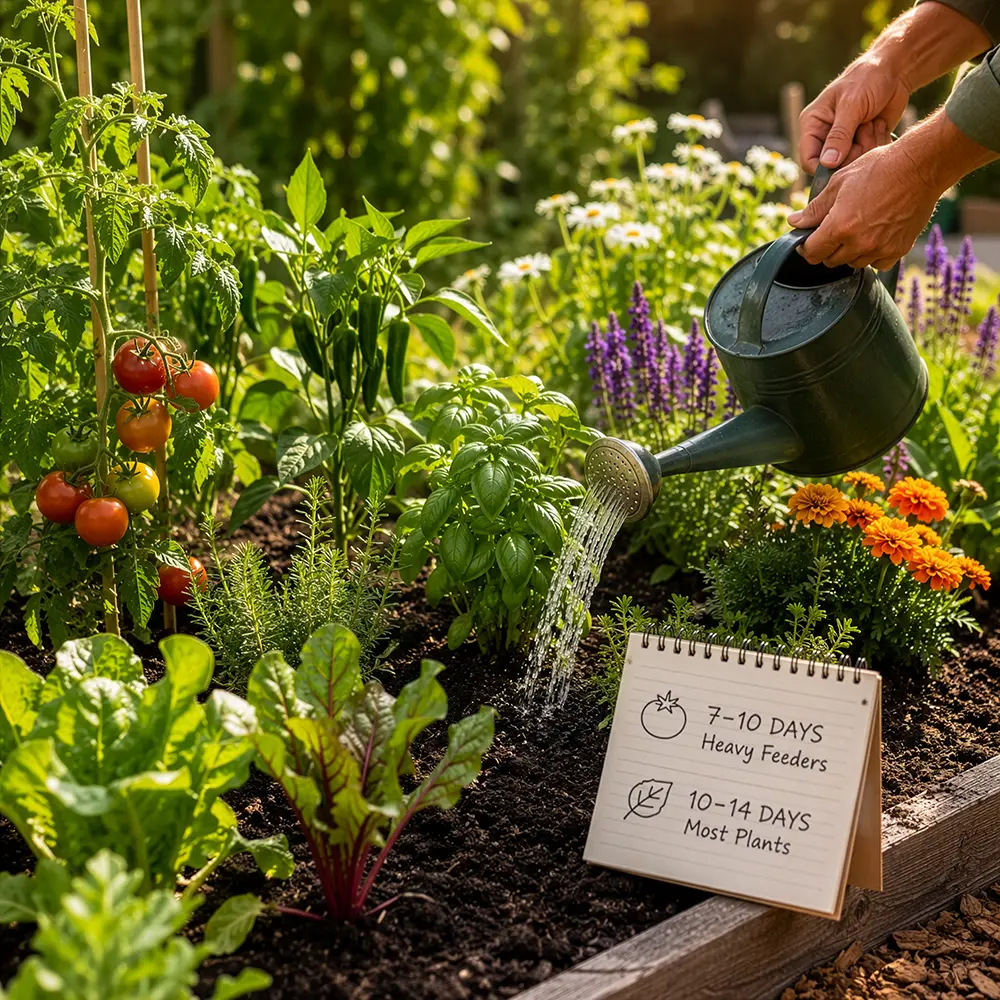 Gardener watering tomatoes, herbs and garden plants in a raised bed with organic liquid fertiliser during the growing season.