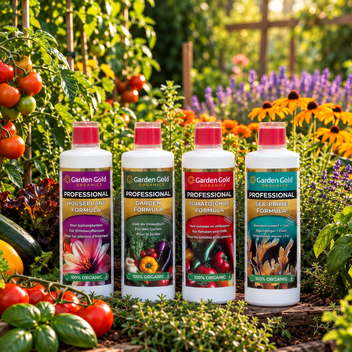 A lush garden bed with tomato plants bearing ripe red tomatoes, fresh green basil, red lettuce, and various flowering herbs and flowers in the background.