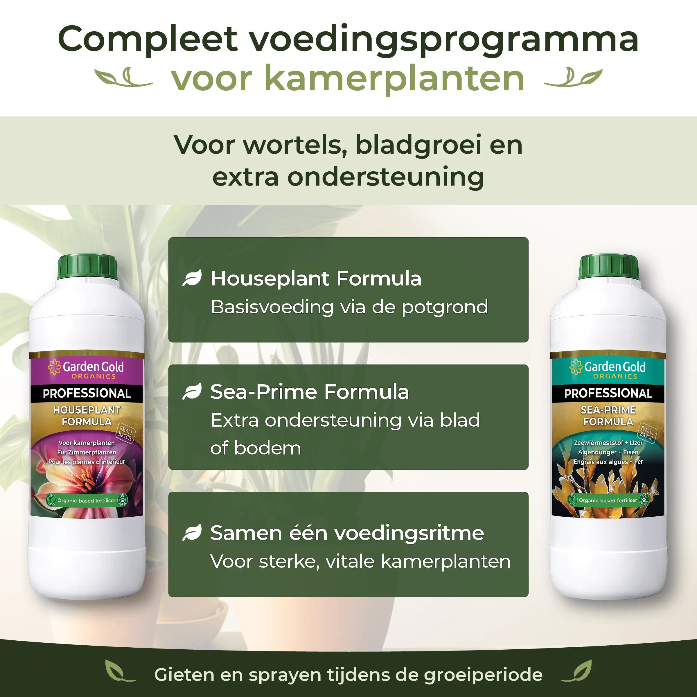 Complete Houseplant Feeding Program with Garden Gold Houseplant Formula and Sea-Prime for roots, leaf growth and extra support