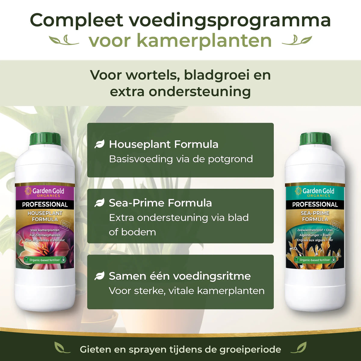 Complete Houseplant Feeding Program with Garden Gold Houseplant Formula and Sea-Prime for roots, leaf growth and extra support