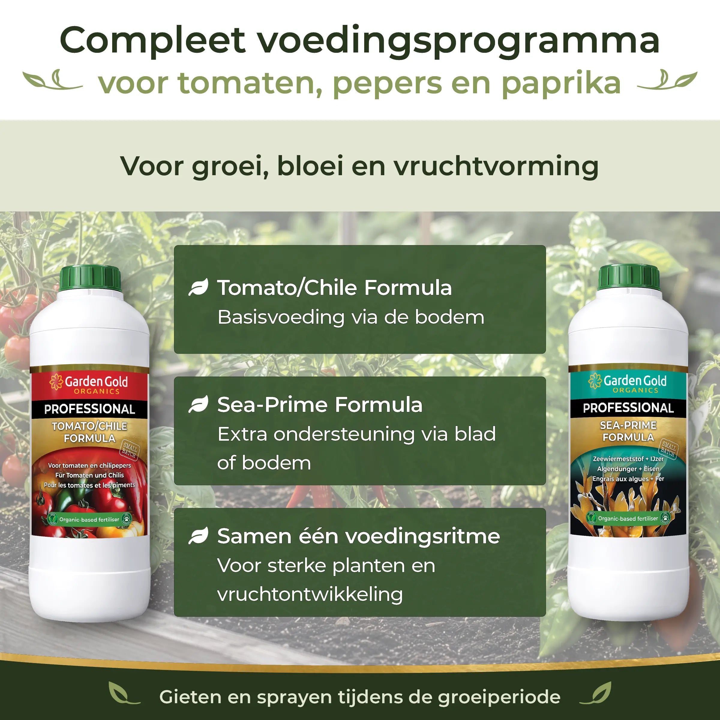Complete Tomato/Chile Feeding Program with Garden Gold Tomato/Chile Formula and Sea-Prime for tomatoes, chiles and peppers