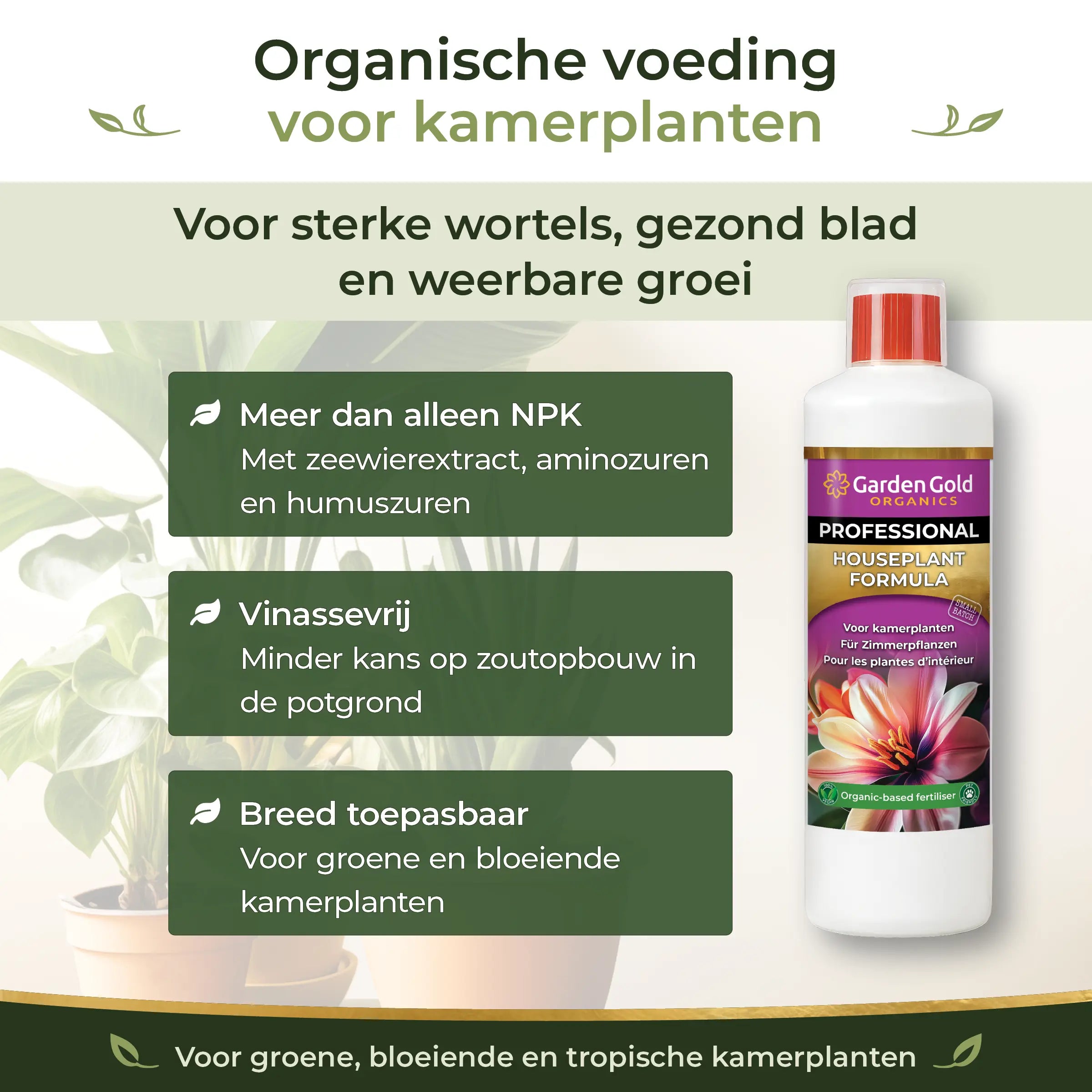 Organic-based Houseplant Formula for green, flowering and tropical houseplants with seaweed extract, amino acids, humic acids and a vinasse-free formula