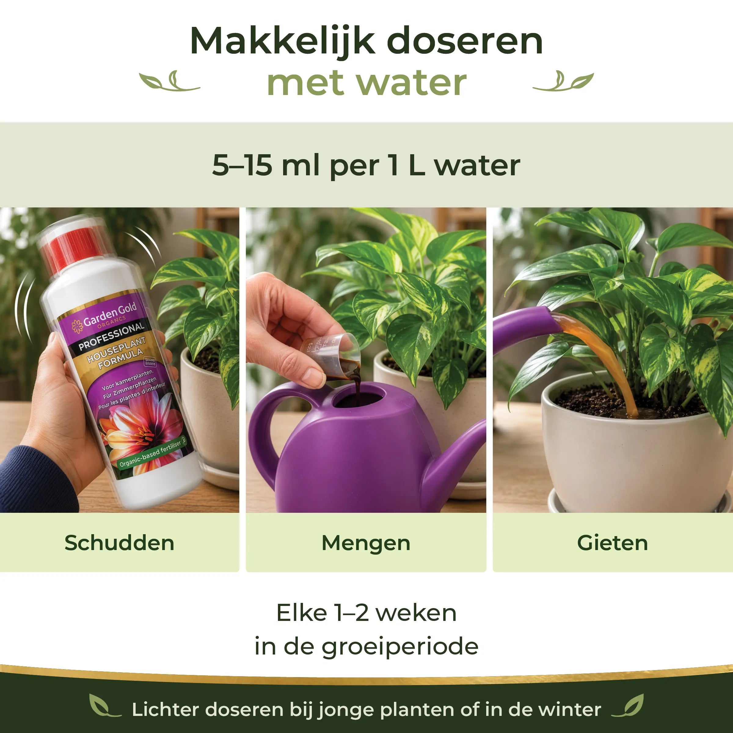 Dosage guide for Houseplant Formula showing shake, mix and water at 8 to 15 ml per liter during the growing season