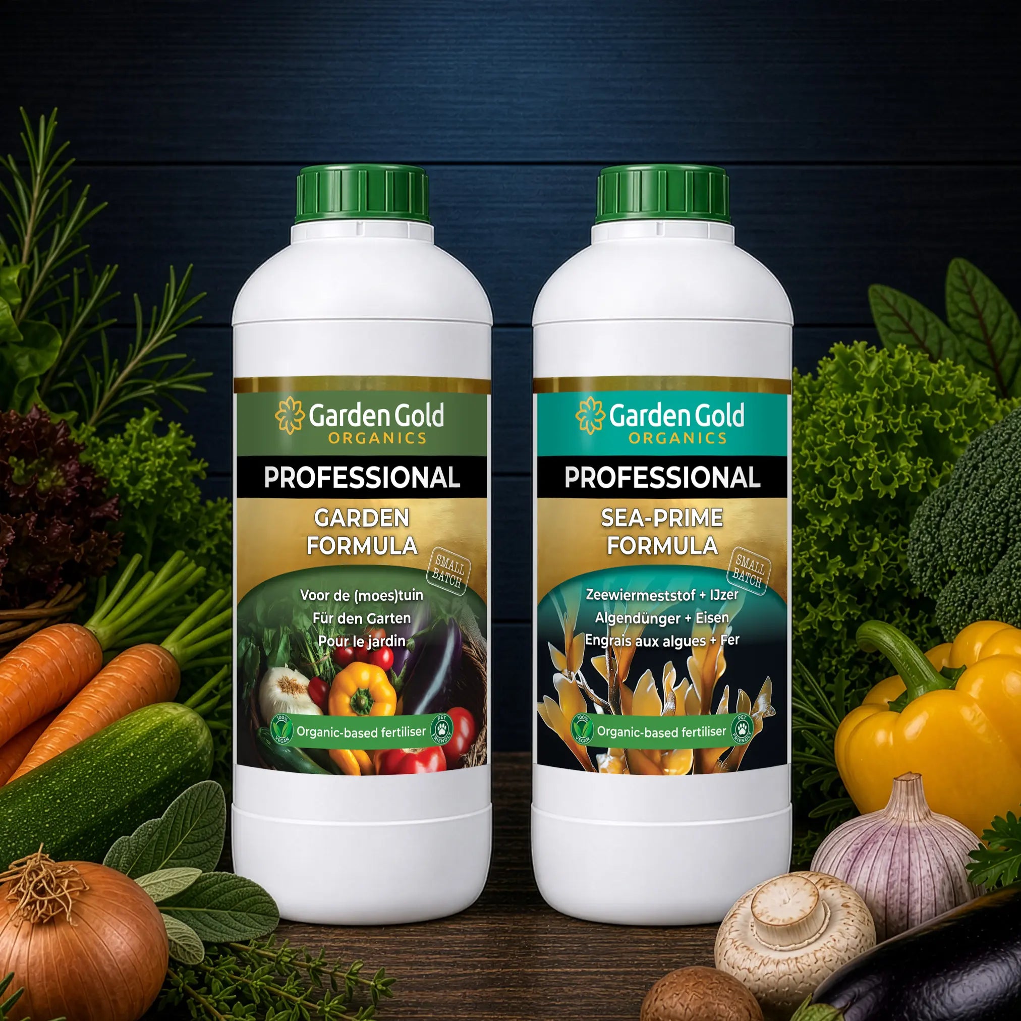 Garden feeding program with organic liquid fertilizer and plant-based booster for outdoor plants
