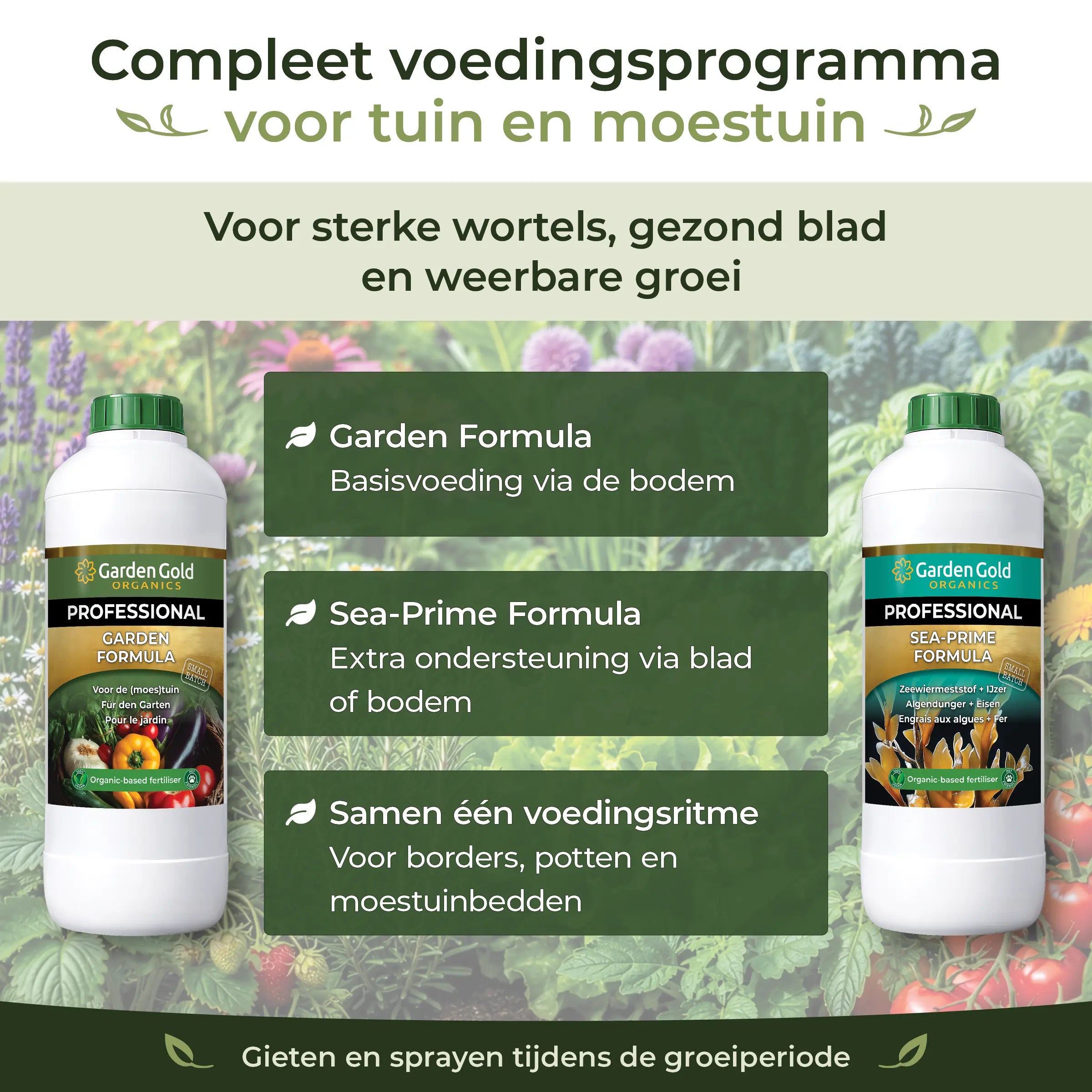 Complete Garden Feeding Program with Garden Gold Garden Formula and Sea-Prime for strong roots, healthy leaves and resilient growth