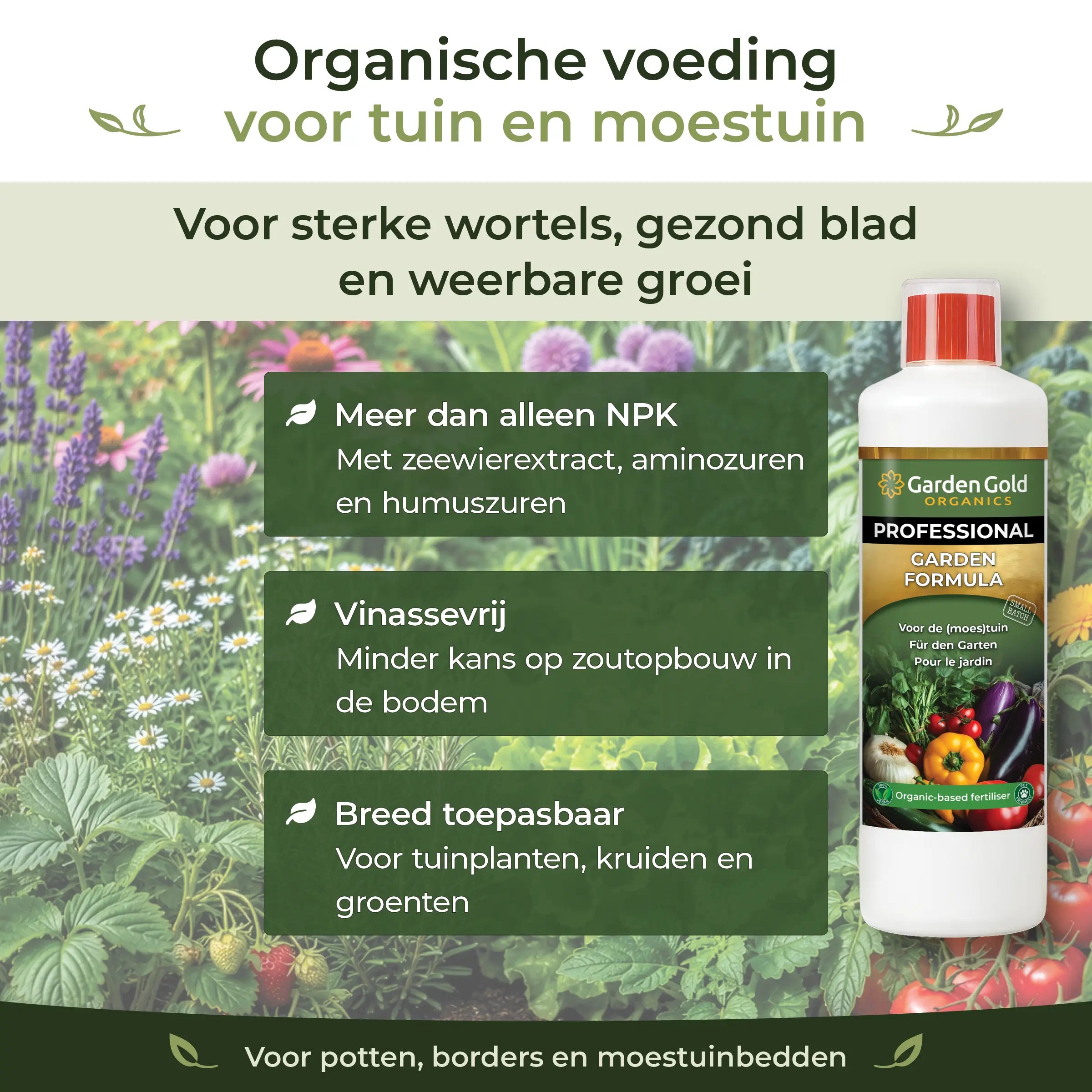 Organic-based Garden Formula for garden and vegetable plants with seaweed extract, amino acids, humic acids and a vinasse-free formula