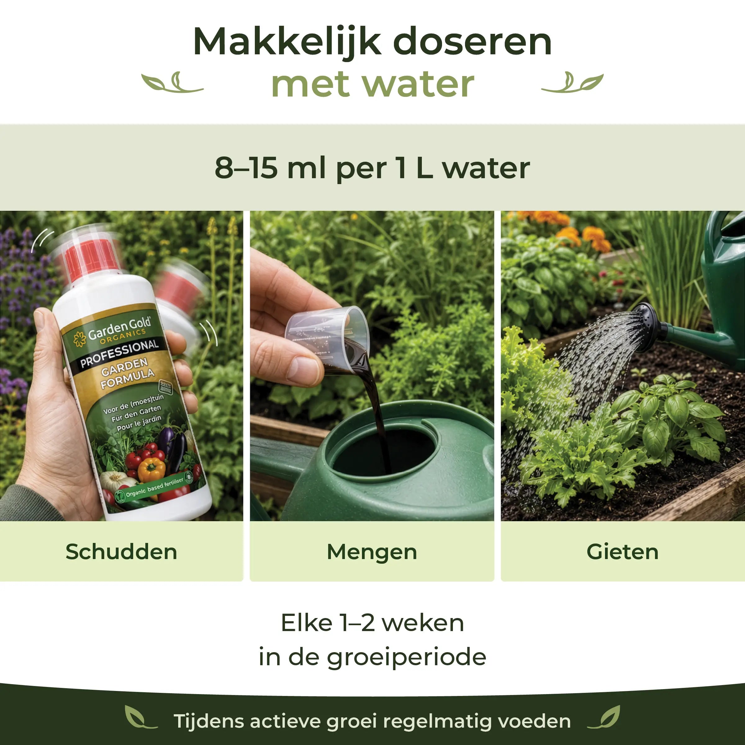 Dosage guide for Garden Formula showing shake, mix and water at 8 to 15 ml per liter during the growing season