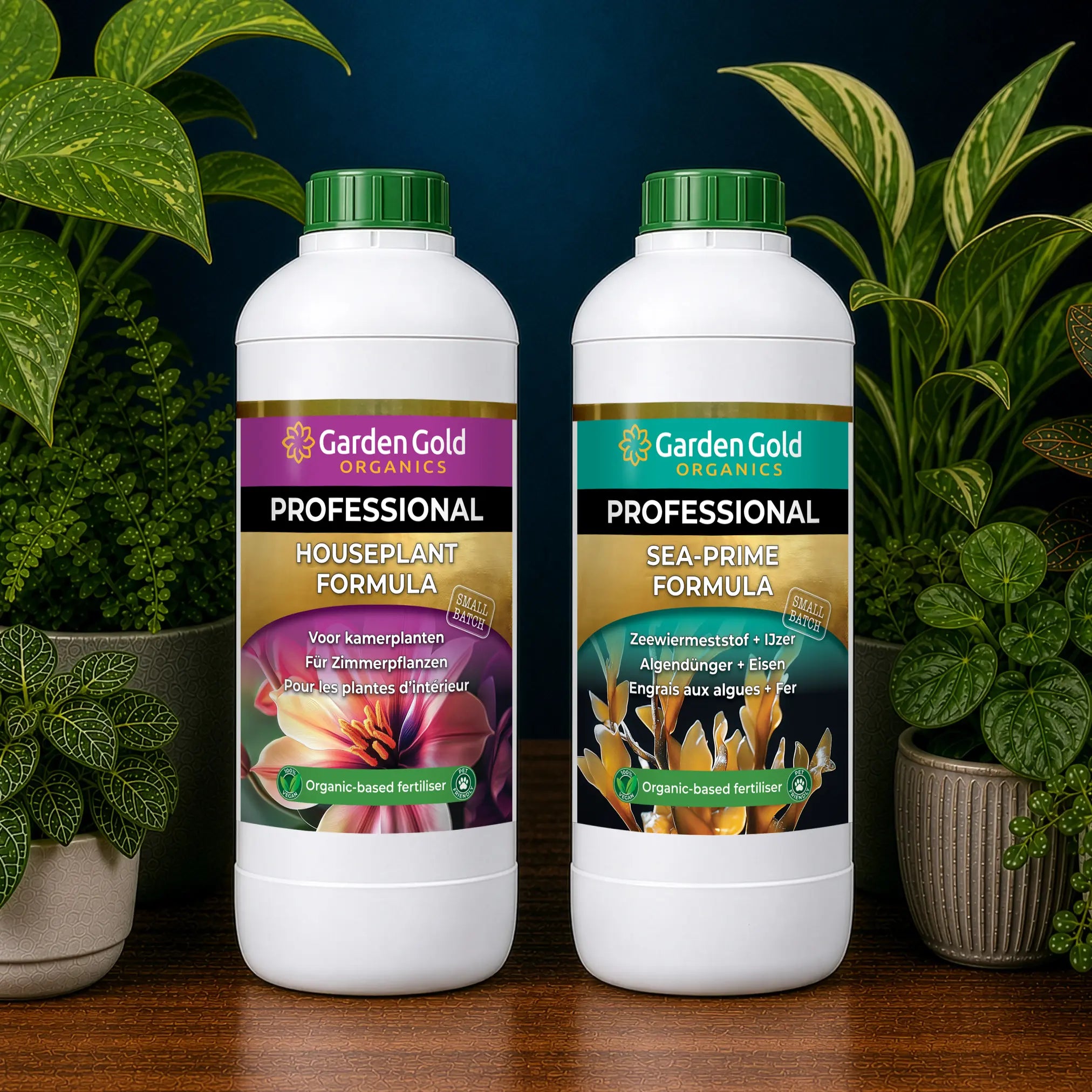Houseplant feeding program with organic liquid fertilizer and plant-based booster for indoor plants